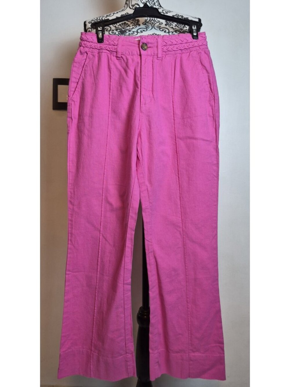 Habitual Linen Blend Pants Womens 2/26 Hot Pink Wide Leg Braided Waist Trouser